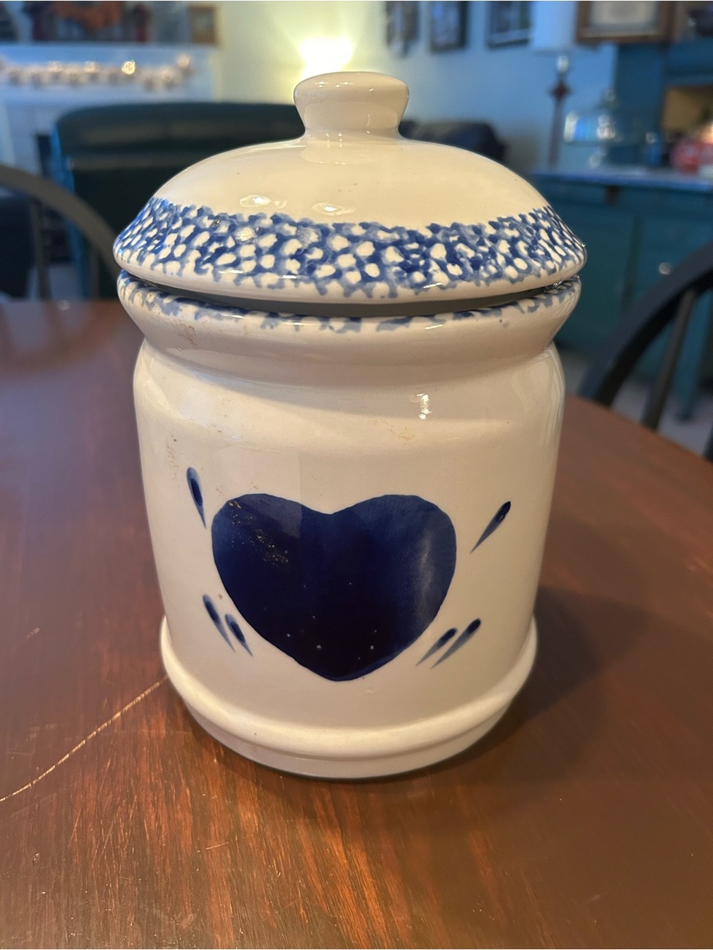 Ceramic Heart Canister - White with Blue Accent 8 1/2 in by6 in